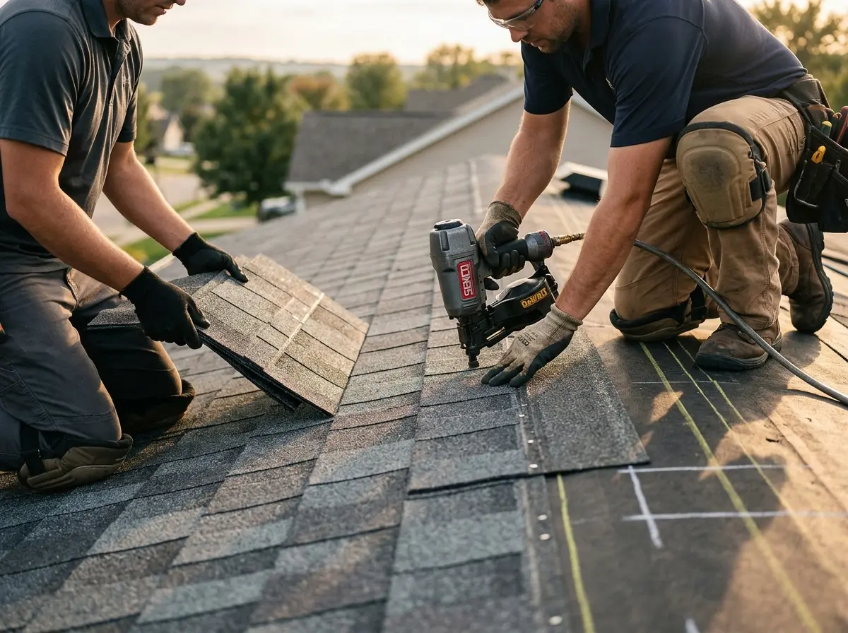 Professional roofer working on a residential roof in Warrenton